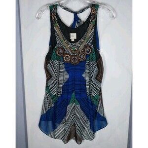 ECI Beaded Boho Tunic Tank Top Size 10 Sheer Lined Tribal Geometric Racerback